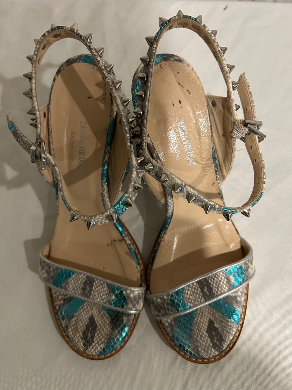 Zadig and Voltaire Studded Snake-Print Slingback Sandals in Teal and Silver